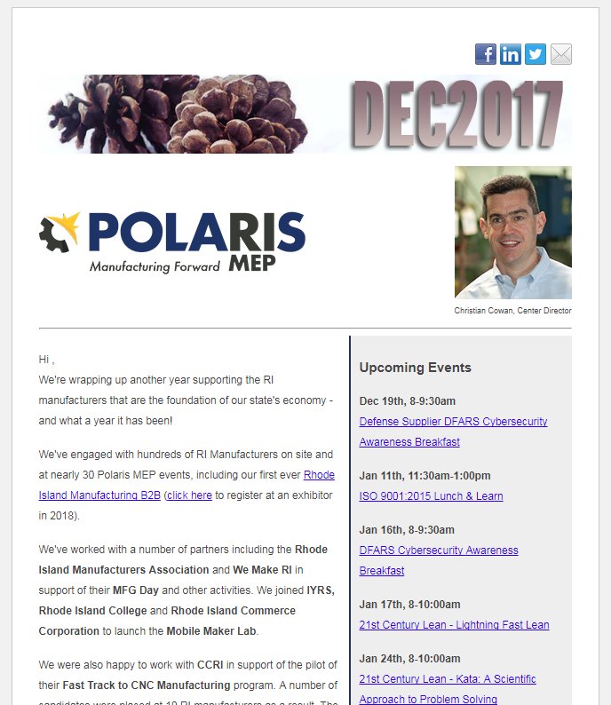 Polaris_mep's tweet photo. Hot off the press - its the final @Polaris_mep Monthly eNewsletter of the year (obviously) - https://t.co/TwTqEUw9at #thankyouRIManufacturers #MakeItInRI #Manufacturing @NIST_MEP https://t.co/vaZa25M7TH