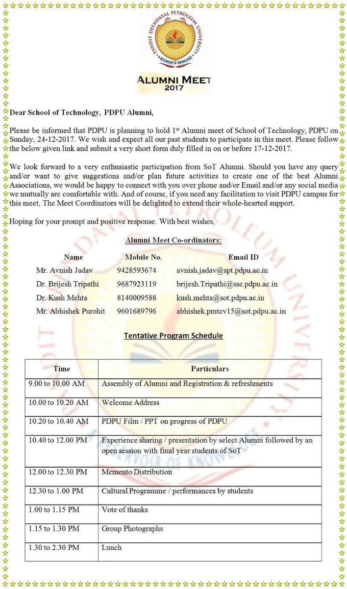 sotpdpu's tweet photo. It is our pleasure to announce that 1st SOT, PDPU Alumni meet will be organized on 24/12/2017 at PDPU Campus. Kindly fill the below link to confirm participation. #WelcomeAlumni #SOT #PDPU 

https://t.co/u7z9uvsD1r

Facebook Link: https://t.co/ySqPyvpJ4k https://t.co/VbD9NNjYxy
