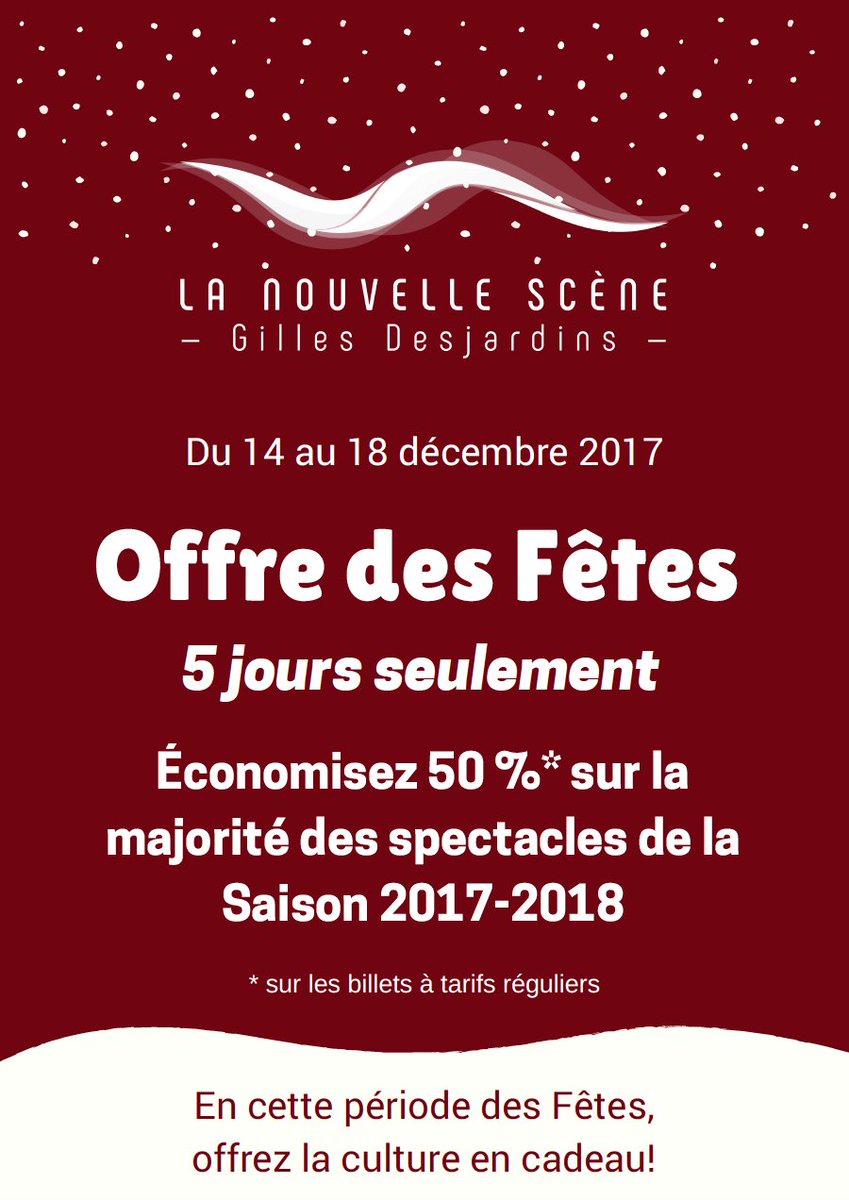 🎄🎁Jusqu'au 18 décembre 2017 [inclusivement], les billets de la majorité des spectacles de notre programmation 2017-2018 [théâtre et musique] sont à 50% DE RABAIS 🎁🎄
CLIQUEZ ICI ➡ nouvellescene.tuxedobillet.com
#ottawa #onfr #gatineau