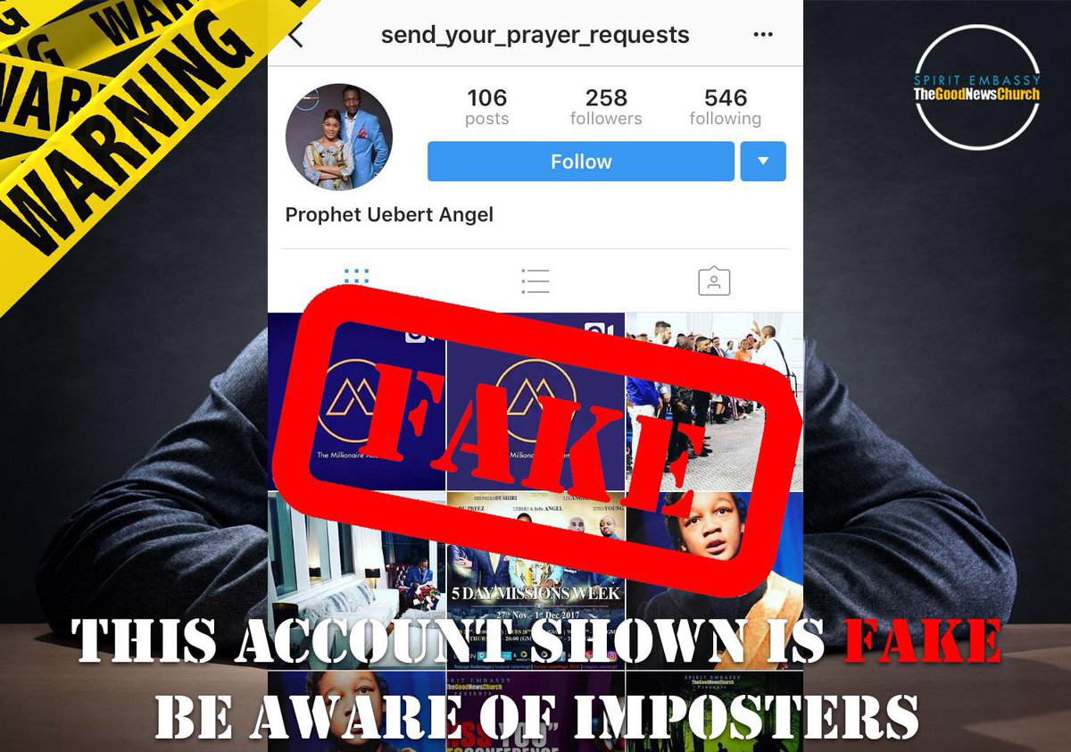 UebertAngel's tweet photo. WARNING:- this account on INSTAGRAM @send_your_prayer_requests is a FAKE account pretending to be Uebert Angel. It is NOT connected to us in anyway, REPORT them and do not reply to them. Be careful and vigilant with imposters. https://t.co/VzXusTS5Xp