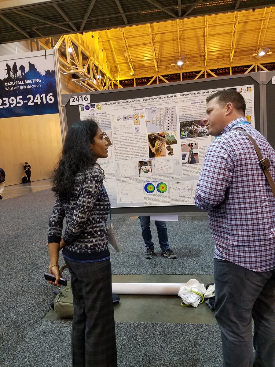 Kathyivega's tweet image. One of my inspiring #Shero mentors, Lavanya Periasamy, with her poster of #PolarCube, an entirely @cuengineering student built 3U CubeSat @NASA_SpaceGrant @NSIDC @CUBoulder @usnistgov #AGU17