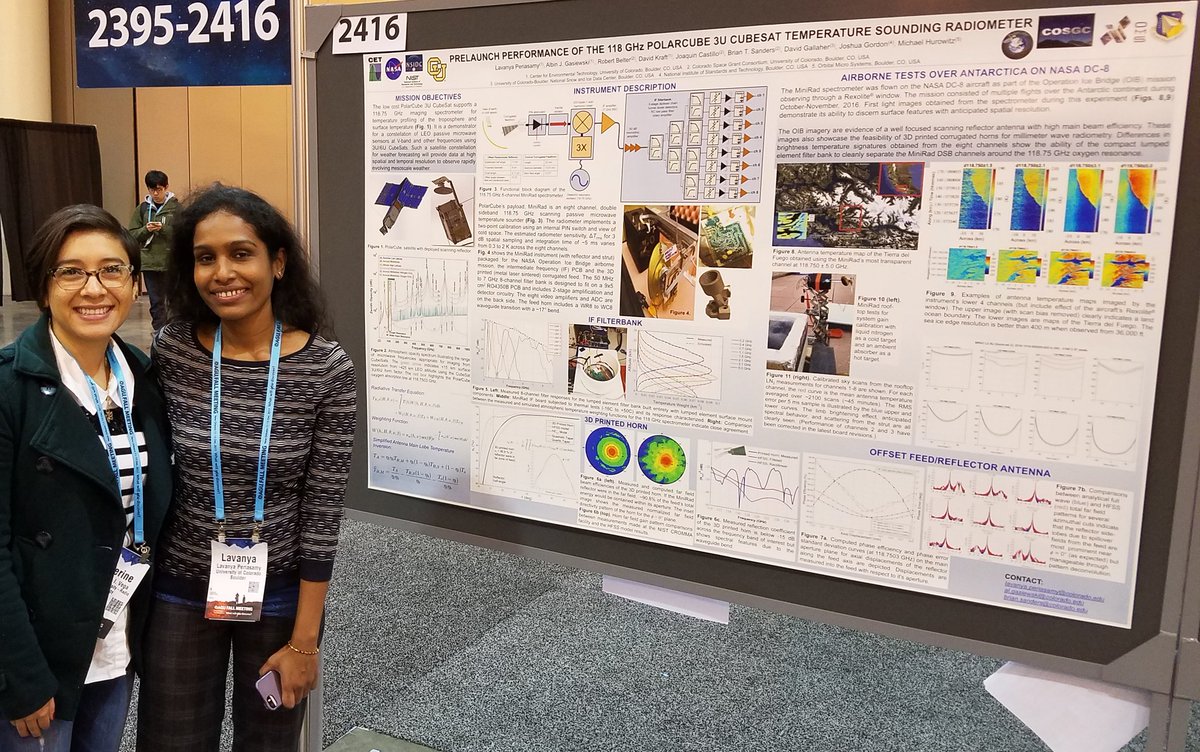Kathyivega's tweet image. One of my inspiring #Shero mentors, Lavanya Periasamy, with her poster of #PolarCube, an entirely @cuengineering student built 3U CubeSat @NASA_SpaceGrant @NSIDC @CUBoulder @usnistgov #AGU17