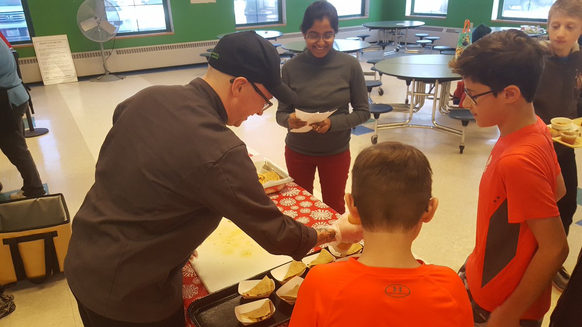 SchoolFood_GPS's tweet photo. "Thank you Chef Sam, that was delicious." "I loved it!" "Can I have another?" These are just some of the comments heard while Chef Sam gave out samples of his Roasted Veggie Quesadilla. GMS students were so polite and excited to try something new @projectbread  #Chefsinschools https://t.co/qwPau2PopR