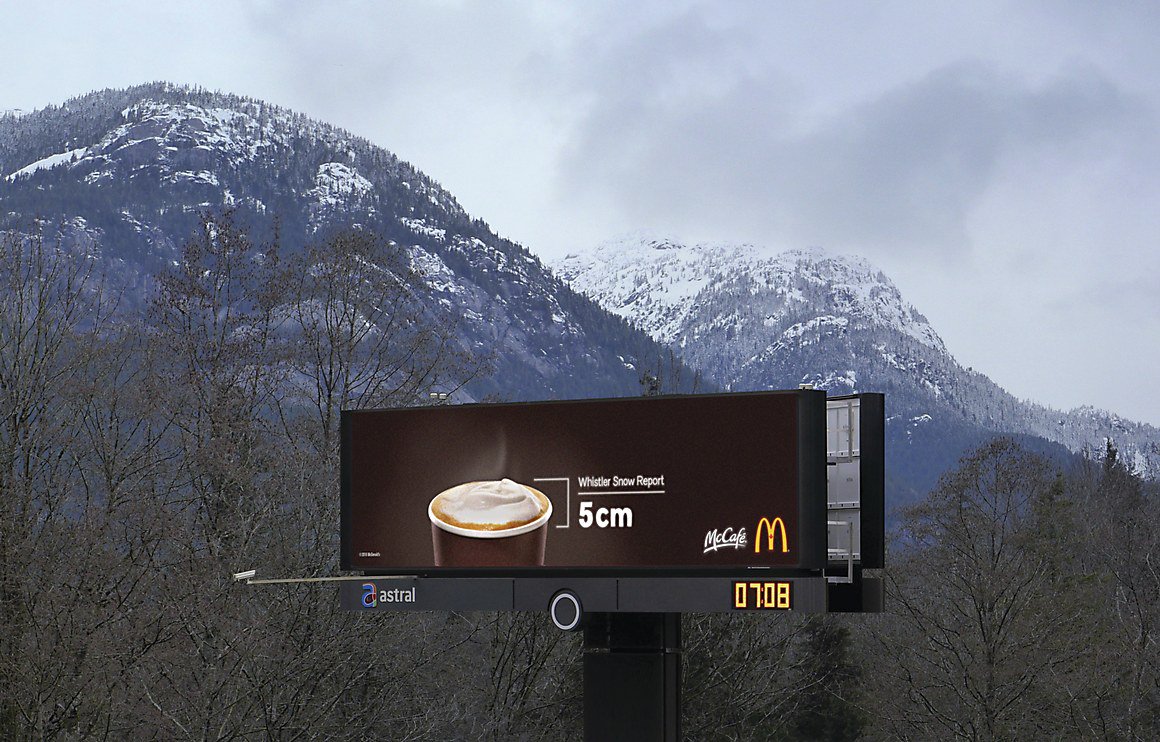 AndreoneAnthony's tweet photo. This @McDonalds digital billboard uses real time data and creatively displays the snowfall report for drivers travelling to Whistler. What a brilliant out-of-home campaign by @COSSETTEen Vancouver; I look forward to seeing this season’s creative. https://t.co/GMUdySSfPk https://t.co/WNOPL5fVtM