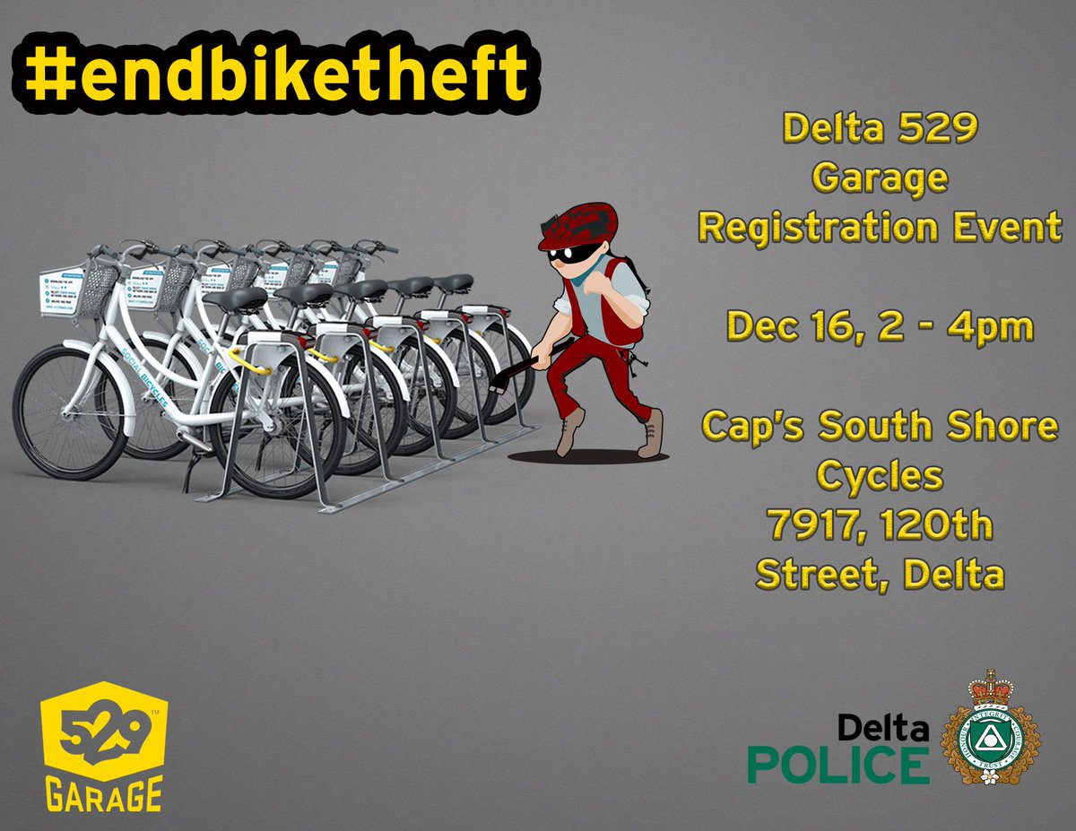 deltapolice's tweet photo. Don't let thieves steal your bike! DPD is partnering with @Project529BC  to launch the Delta 529 Garage Bike Registry. This will allow us to reunite bike owners with registered bikes if they are stolen/lost. Join us this Saturday for a free registration event! #endbiketheft https://t.co/s6Z0d4xdsB