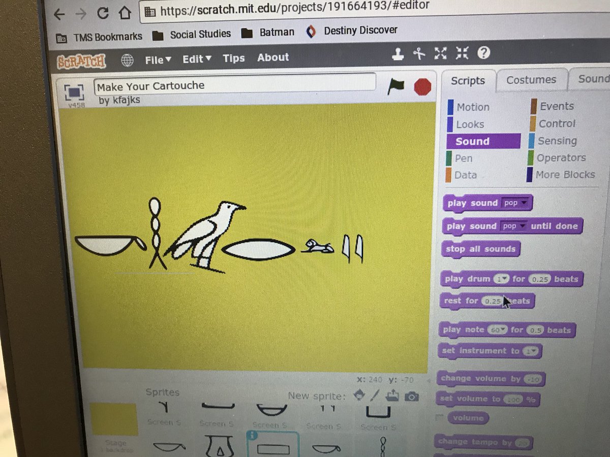 kfajks's tweet image. Coding Egyptian cartouches with @scratch in @KatieBiewer class today! @AHSD25Thomas @ahsd25 #hieroglyphics #kidscancode #HourOfCode2017