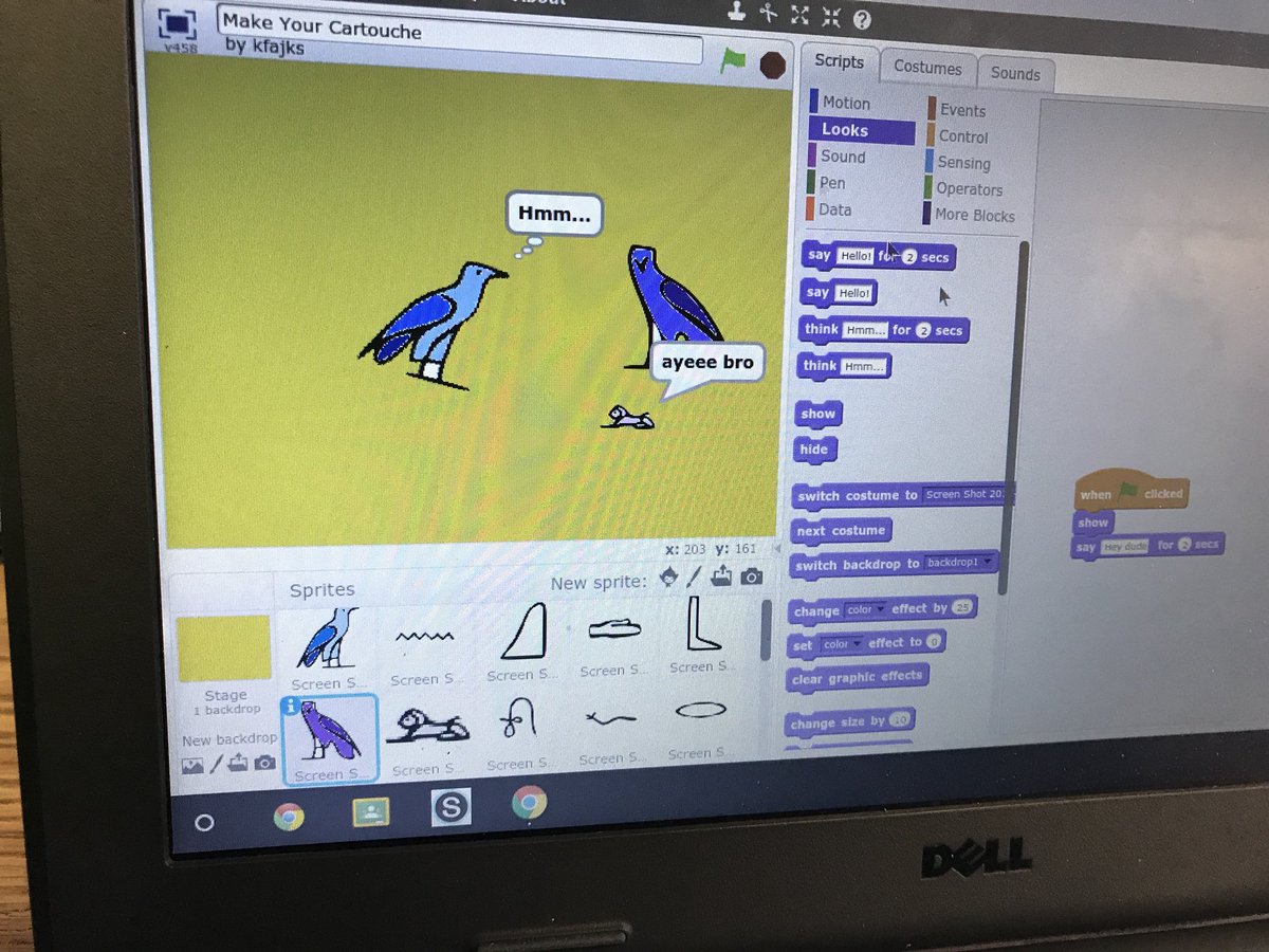 kfajks's tweet image. Coding Egyptian cartouches with @scratch in @KatieBiewer class today! @AHSD25Thomas @ahsd25 #hieroglyphics #kidscancode #HourOfCode2017