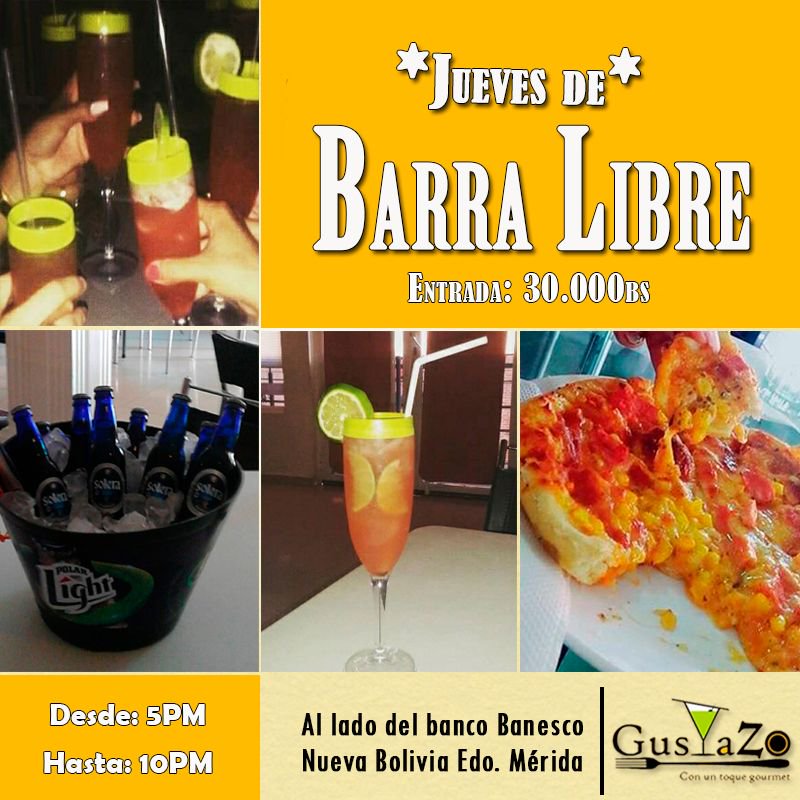 gustazorest's tweet photo. Hoy Jueves disfruta de la mejor #barralibre **Solo para chicas**
de 5pm a 10pm
Entrada: 30.000bs
¡Te esperamos! https://t.co/fzwLYOxlId