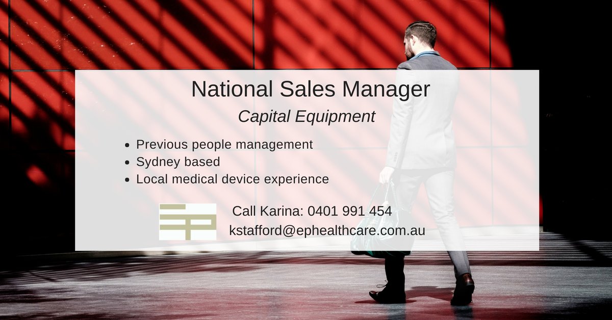 EPHealthcare's tweet photo. We are currently recruiting for a National Sales Manager (Capital Equipment) based in Sydney. Contact Karina Stafford on 0401 991 454 or click the link to apply:
https://t.co/SKmoyVjRhe https://t.co/hePyoYKZqA
