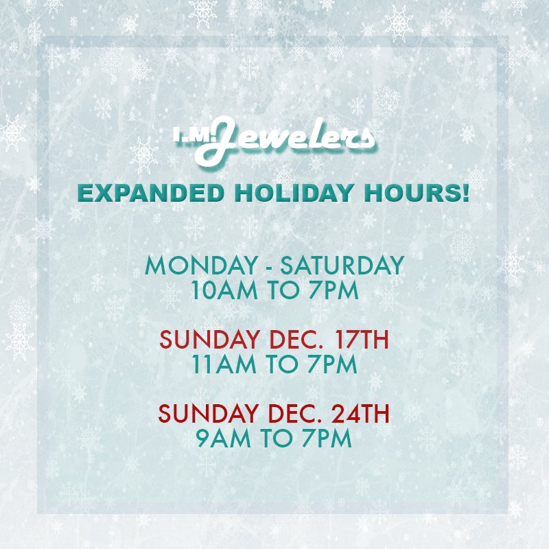 IMJewelers's tweet photo. The number days to shop for that perfect holiday gift are starting to fade, but we are here to help you right up until the last minute! We will be open on Sundays from now thru Christmas Eve! Don't wait until the last minute - but if you do, we've got you covered. https://t.co/4a2I14szLI