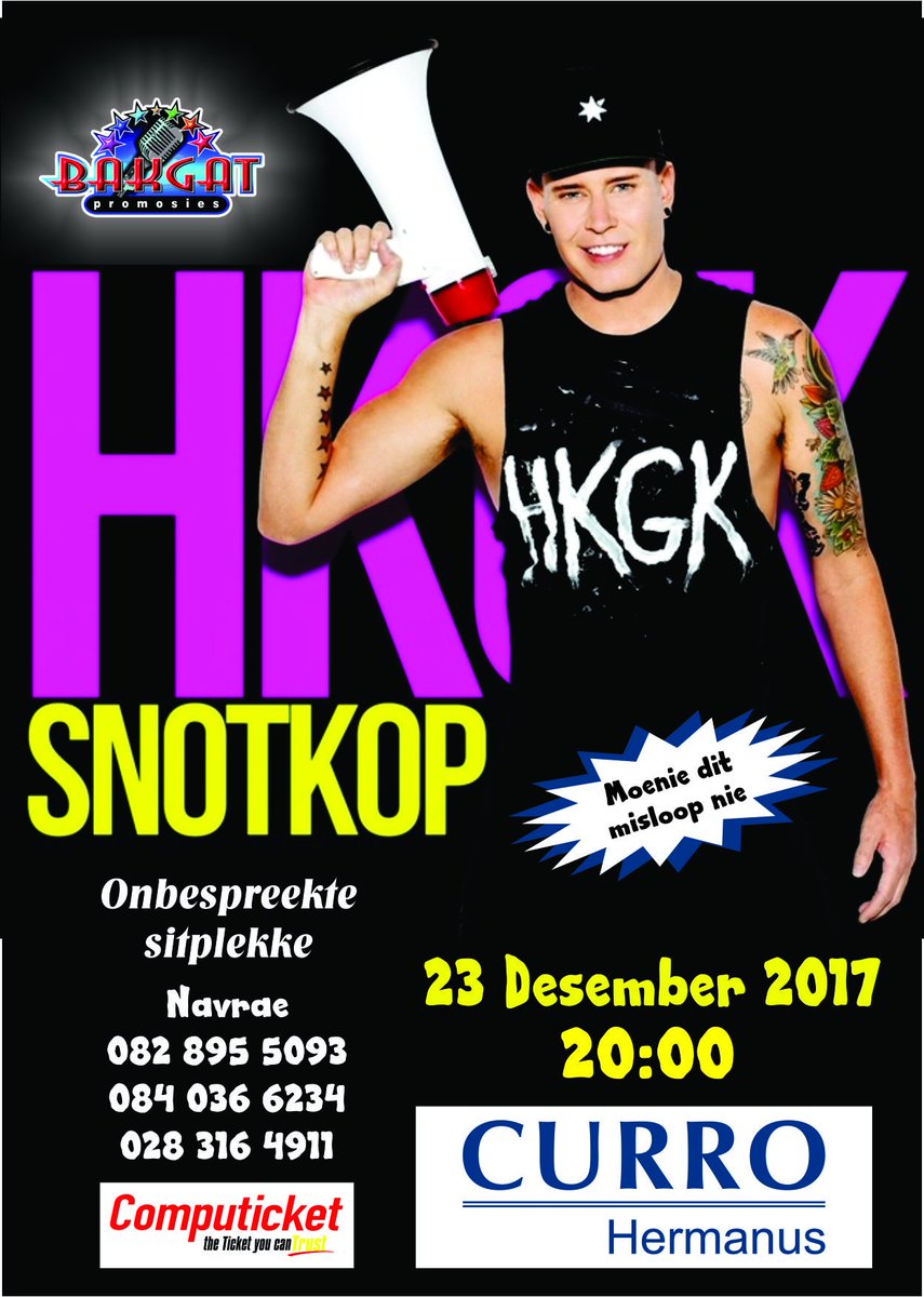 BakgatP's tweet photo. Sien julle in Hermanus by @Snotkop_Henning  se show 23 Desember. Kry jou kaartjies nou @Computicket . Navrae Christo 0828955093 https://t.co/4lktMAJvYn