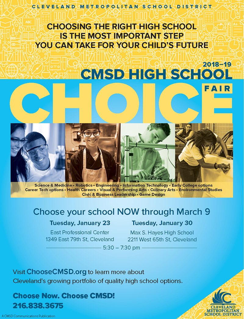 CLEMetroSchools's tweet photo. Choosing the right high school is an important step for our scholars’ futures. Mark your calendar for the CMSD High School Choice Fairs! https://t.co/GBXmI5aEml