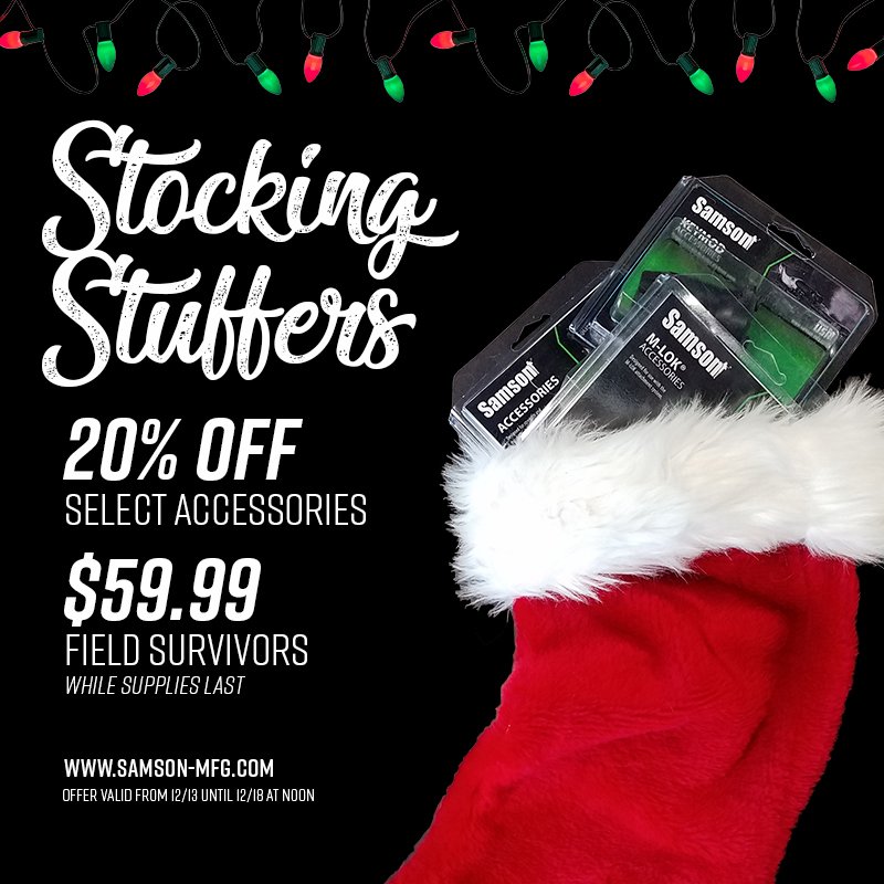SamsonMFG's tweet photo. Samson accessories make excellent stocking stuffers 🎄.
Field Survivors $59.99. Select accessories 20% off and all purchases over $50 are eligible for free shipping.
Order before 12/18 for best chance of arrival by Christmas 🎄.
https://t.co/OAASXjFv61
#samsonmfg https://t.co/2gOCvwVtPR
