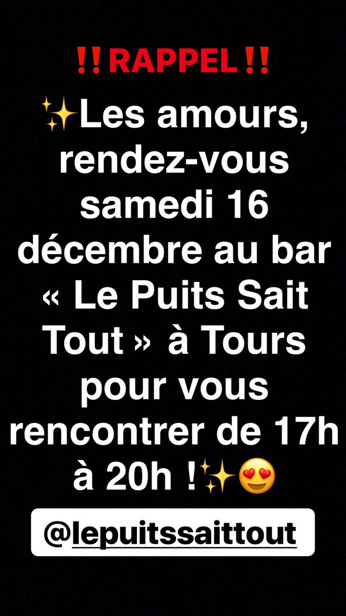 CharlenemOff's tweet photo. Les amours, avec @BenoitdOff on vous donne rendez-vous samedi 16 décembre à Tours au bar Le Puit Sait Tout de 17h à 20h pour vous rencontrer ❤️❤️ On a hâte de vous voir !! ( 108 Rue du Commerce,37000 Tours) https://t.co/ligeWncd6d