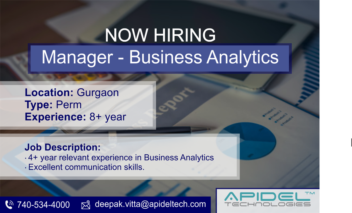 ApidelAnalytics's tweet photo. @ApidelTech is hiring Business Analytics Manager in Gurgaon for a Permanent (Full time) position. Please contact @deepakvitta at deepak.vitta@apideltech.com or call on +91-740-534-4000 for details. 
#Analytics #Analyticsjobs #jobsingurgaon #NCRjobs @ApidelAnalytics https://t.co/lofJoOY8jR