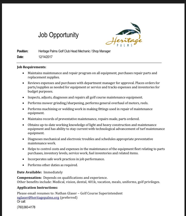 JOB OPPURTUNITY with <a href="/NathanGlaser/">Nathan Glaser</a> at Heritage Palms - Golf Course Mechanic/ Shop Manager needed!