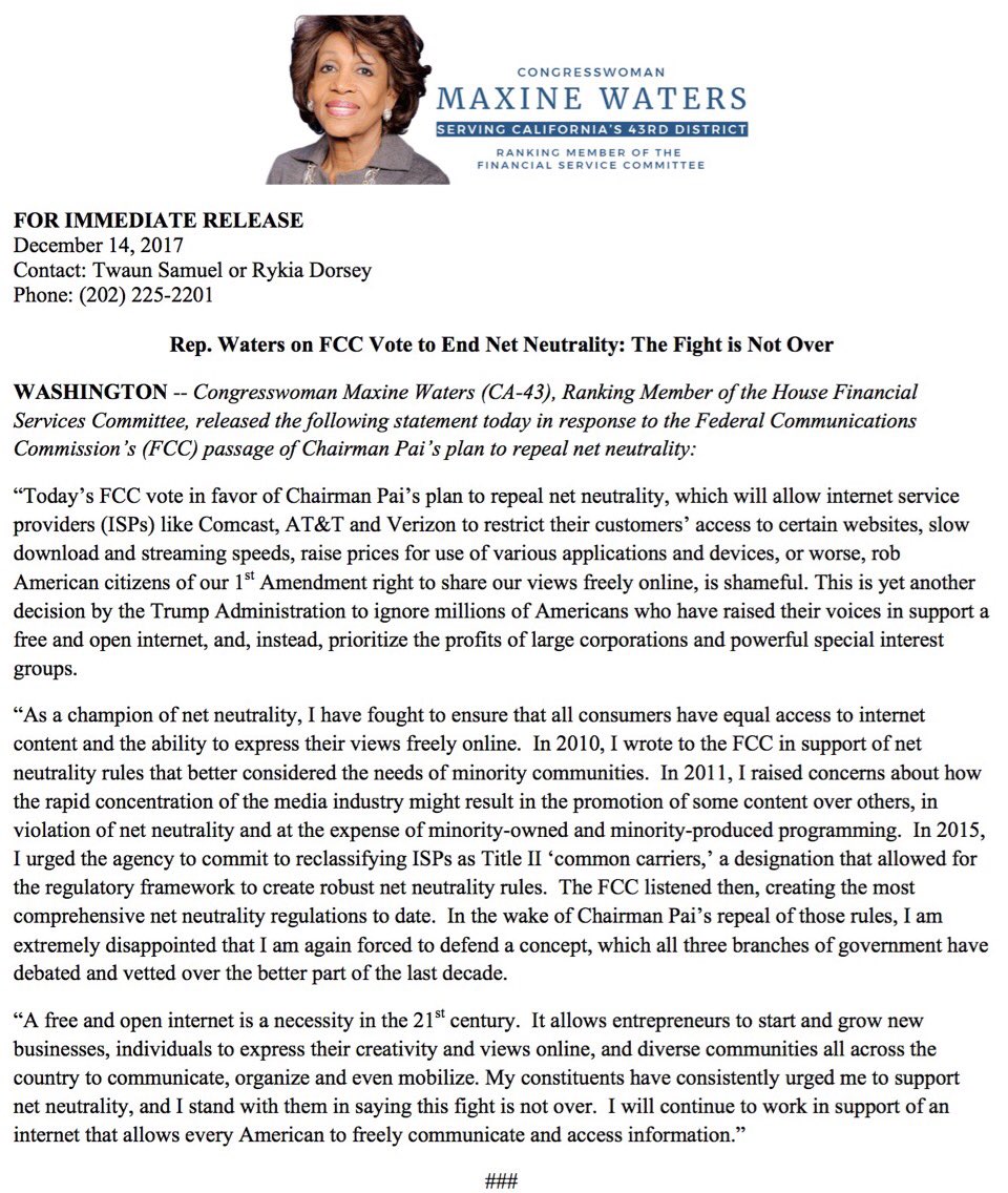 RepMaxineWaters's tweet photo. Please read my statement on the FCC's vote to end #NetNeutrality. The fight is NOT OVER 🚨 https://t.co/0YQ0Z0yu35