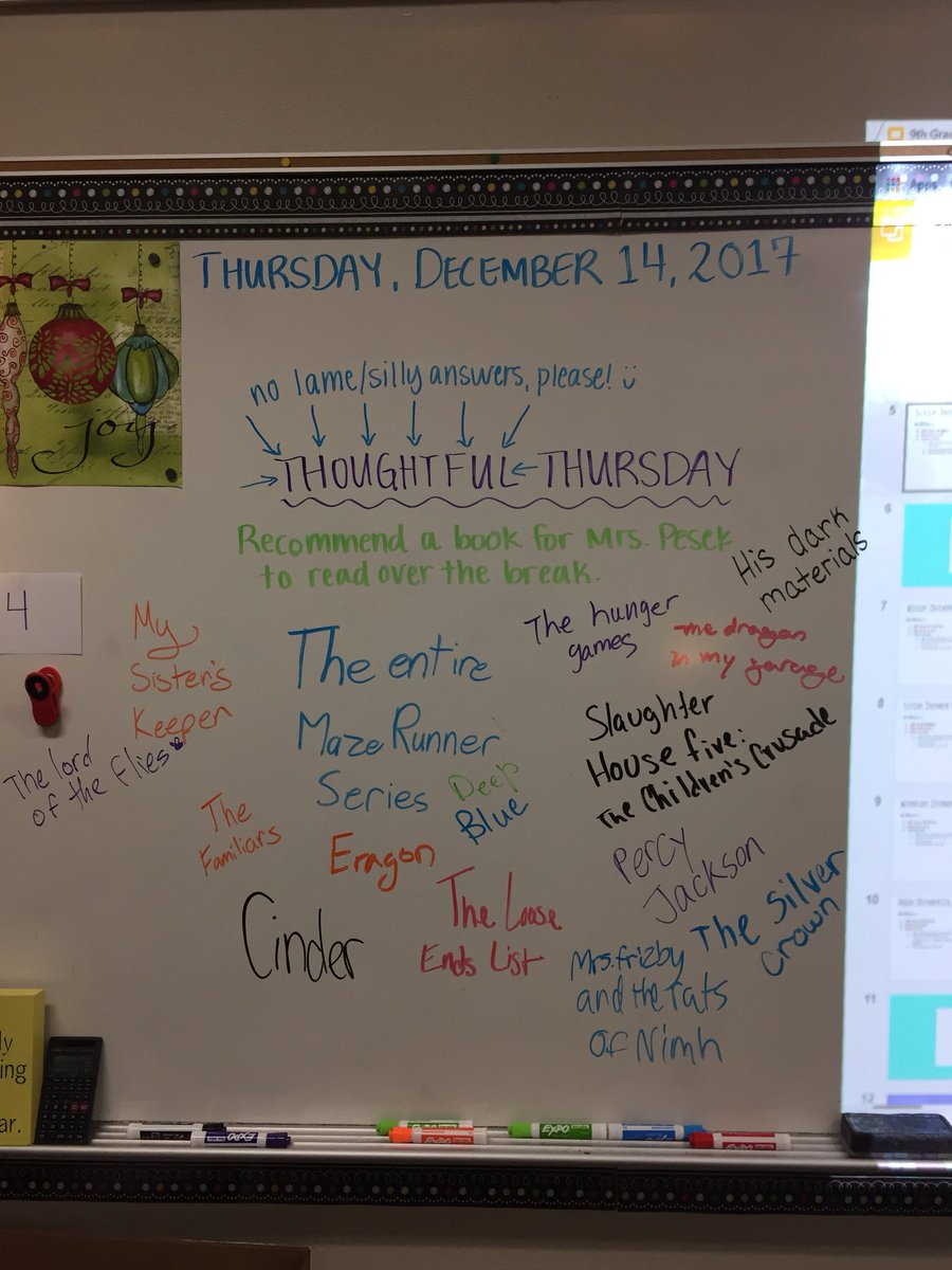 mepesek's tweet image. Per @CarolJago ‘s suggestion, I asked my students what I should read over the break. Their answers did not disappoint!
#mrspesekteaches #mrspeseklistens #mrspesekreads