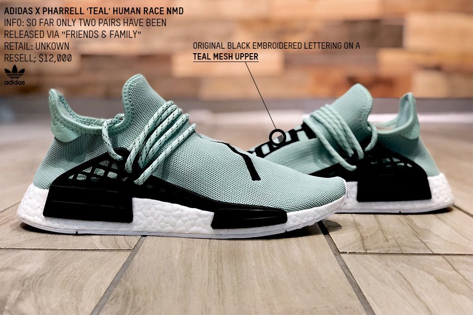 EZYeezyUS's tweet photo. Adidas X Pharrell “Teal” NMD won’t be releasing any time soon. However there are two pairs floating around released via “Friends &amp; Family” and one of the pair was sold for a whopping $12,000. https://t.co/mL4AY1Ay2X
