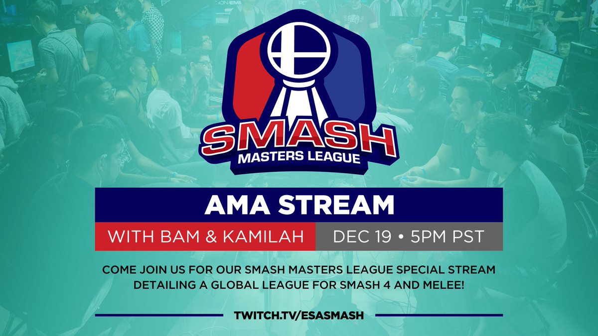 ESA_Smash's tweet photo. Next Tuesday, December 19, @BamOfThePpl and @tchnicallytchno will have a special Smash Masters League Stream! Tune in at 5PM PST!

They'll discuss the plan for our Global League for Smash 4 and Melee!
Join the League today: https://t.co/2YxABqLJcX https://t.co/Zf1WMnDxyL