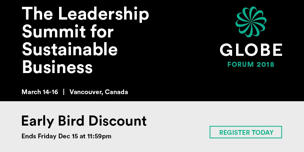 Grab your early bird ticket to the 2018 <a href="/GLOBE_series/">GLOBE</a> to help advance global business &amp; sustainability agendas. The discount closes tomorrow: hubs.ly/H09spMK0 #GLOBEforum