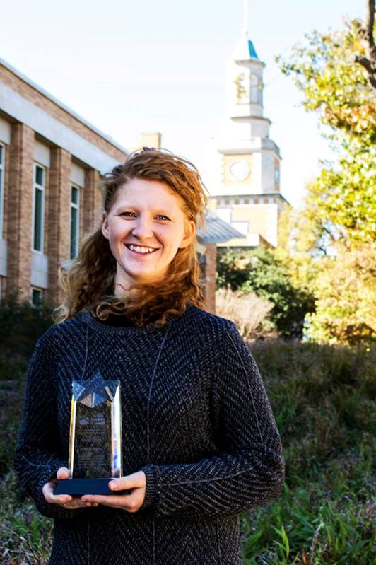 UNTanthropology's tweet photo. Congratulations to Caitlin Griffith for winning the UNT Anthropology Larry Lee Naylor Memorial Scholarship.  This scholarship is awarded for academic achievement, personal accomplishment, and leadership.  Caitlin is pictured here holding the CATEE Award for UNT Sustainability. https://t.co/L0JKilbsf2