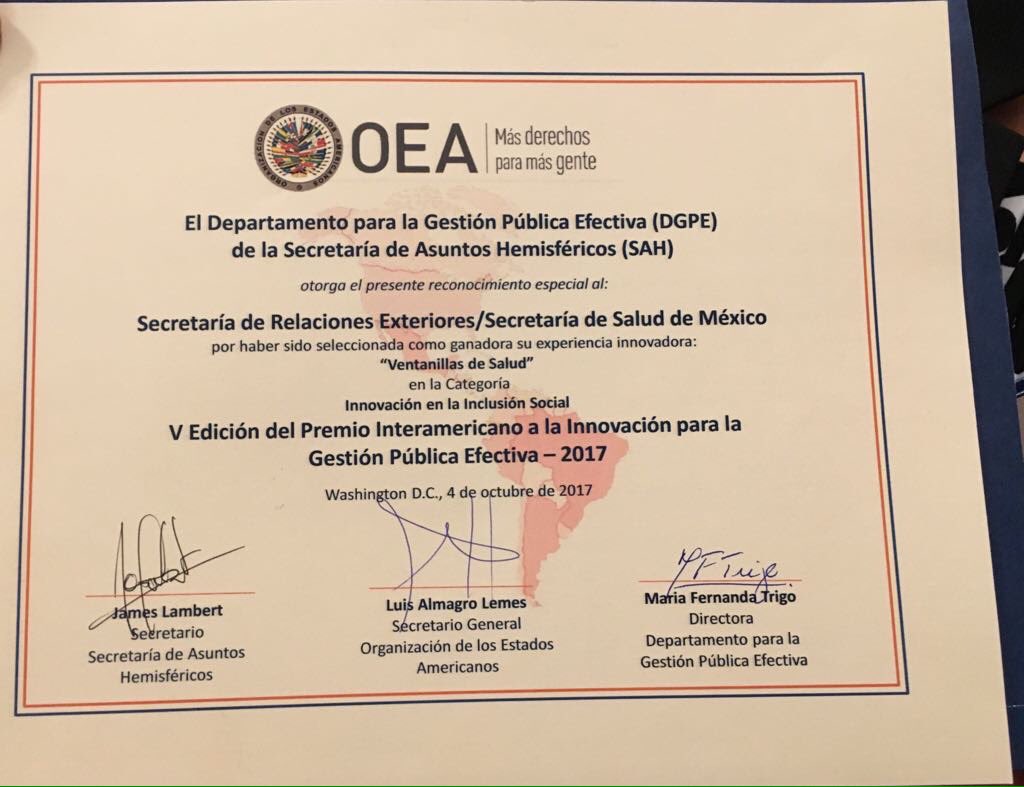 VDS_UM's tweet photo. La @SSalud_mx y la @SRE_mx recibieron el premio de la @OEA_oficial "V premio Interamericano a la Innovación para la Gestión Pública Efectiva" #PIGET @ventanillasalud @IME_SRE https://t.co/0yHgCh6boe