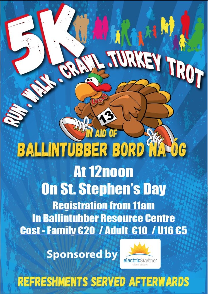 Let's get that turkey n pudding off  n raise funds for our up n coming stars, fun n craic for all <a href="/CILL14N/">Cillian O’Connor</a> <a href="/Alan_Dillon/">Alan Dillon</a> <a href="/DOConnor11/">DOConnor11</a> <a href="/jasongibo8/">jason gibbons</a> <a href="/alantplunkett/">Alan Plunkett</a> <a href="/Plunkett_11/">Michael Plunkett</a> <a href="/damo_coleman/">Damien Coleman</a> <a href="/BallintubberOg/">BallintubberGaa</a>