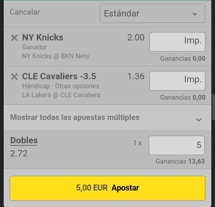 WeekBet's tweet image. Combinada NBA! 🏀🇺🇸
⬛ Handicap -3.5 a Cleveland + New York Knicks
⬛ Cuota: 2.72 💰
⬛ Stake: 6 🍀
⬛ Apostado: 5 unidades 
Vamos a remontar el vuelo en busca del verde! 🍏🍏