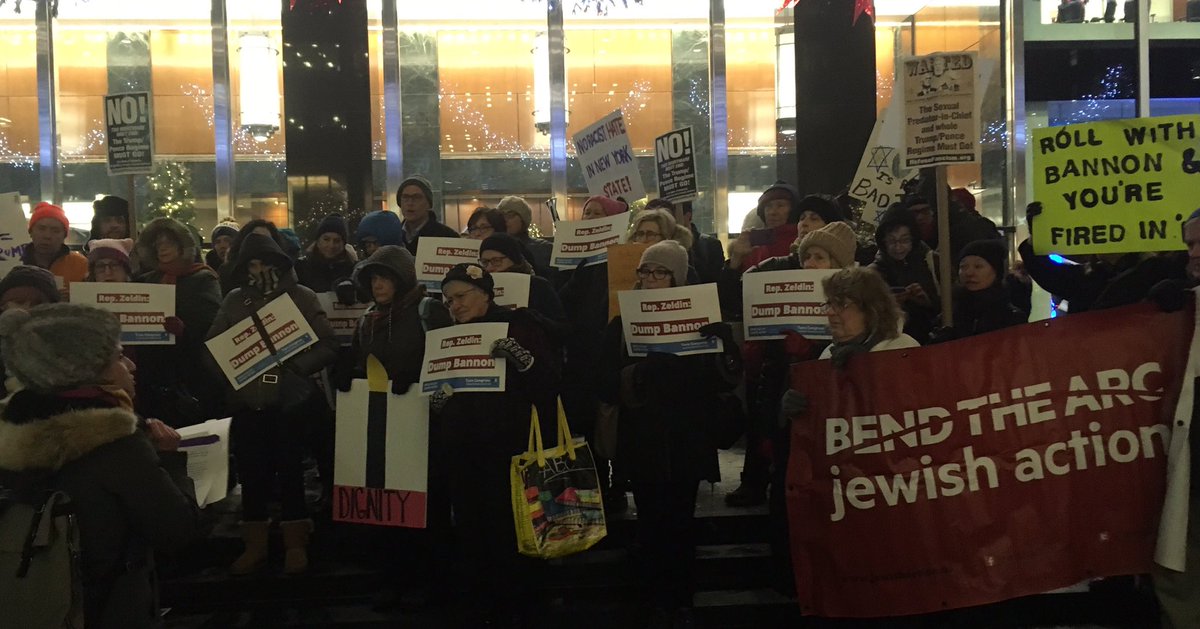 jewishaction's tweet photo. While @RepLeeZeldin fundraises with @StephenBannon, weβre outside saying no to white supremacy.. Time to #DumpBannon #TurnCongress180 https://t.co/Ft8zzyatIm