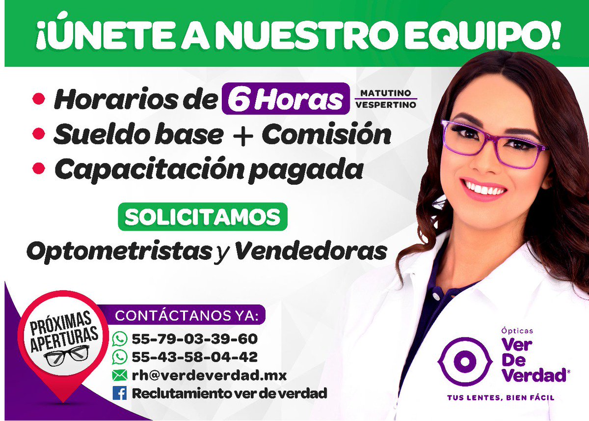 OpticasDe's tweet photo. Buscas empleo de medio tiempo!?????????? 
En ópticas ver de verdad se encuentra tu oportunidad!!! 
Horarios de 6 horas!!
Buscamos Optometristas y Asesoras de venta. https://t.co/t2f27fAfzU