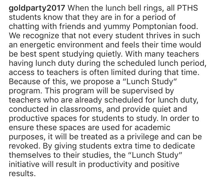 GoldParty2017's tweet photo. The Gold Party want to implement a Lunch Study Program to help students use their lunch period more productively! 

#OHareBencsko #TheGoldStandard https://t.co/q3lDsiiIwe