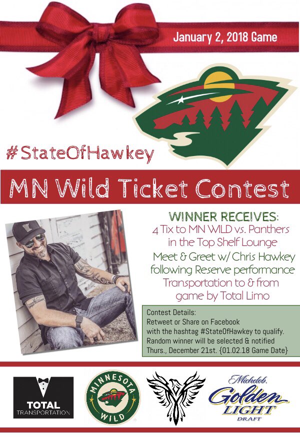 KellyKix's tweet photo. Just in time for Holiday Giving! Enter to WIN 4 Tix to the 01.02.18 @mnwild game, courtesy of @MichGoldenLight!! Transportation provided by @totallimo!! How to enter?! Simply retweet w/ #StateOfHawkey & you could win! Random WINNER selected & notified 12.21.17 by @Chris_Hawkey https://t.co/BmIAlQEcDG