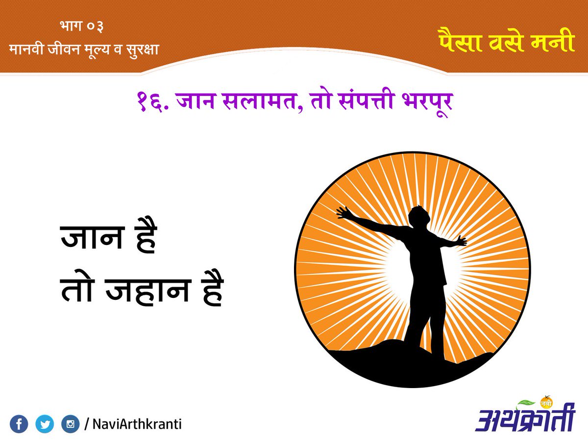 NaviArthkranti's tweet photo. #पैसा वसे #मनी…
भाग ३ - मानवी जीवन मूल्य व सुरक्षा
------------------
१६. जान सलामत तो संपत्ती भरपूर - https://t.co/iolpbEAHiS
#money #गुंतवणूक #Investment #Life #आयुष्य #HumanLifeValue https://t.co/tWq5MTSHdt