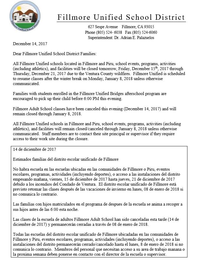 Fillmore Unified (@fillmoreusd) on Twitter photo All Fillmore Unified schools located in Fillmore and Piru will be closed Friday, December 15th, 2017 through Thursday, December 21, 2017 due to the Ventura County wildfires.  Visit fillmoreusd.org for more information. All Fillmore Unified schools located in Fillmore and Piru will be closed Friday, December 15th, 2017 through Thursday, December 21, 2017 due to the Ventura County wildfires.  Visit fillmoreusd.org for more information.