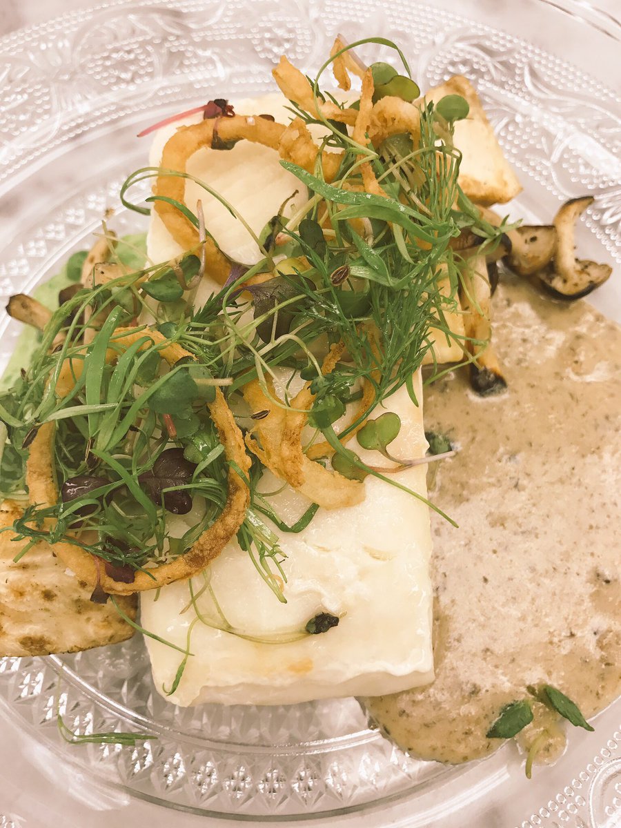 okcgcc's tweet photo. Don't miss our specials tonight! Pickled turnips with flower crab salad & salmon caviar~Apple roasted pork chop with corn bread casserole, carrots, wilted swiss chard~Roasted Halibut with black trumpet sauce, sweet peas, roasted celery root & fried onions! #chefLT #GalleryGrill https://t.co/i6ozBVqdT7
