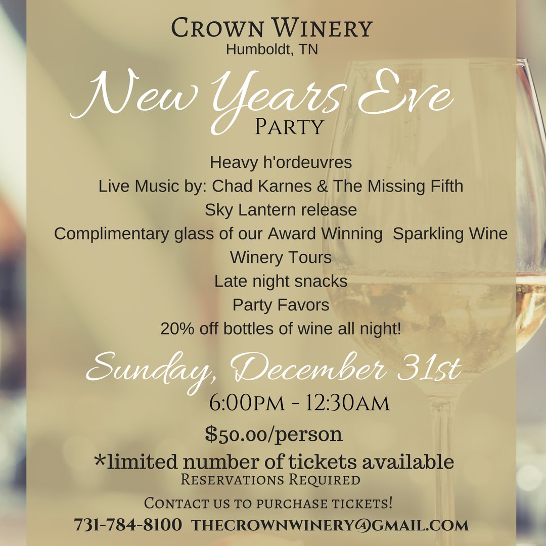 Share it to WIN!!! Go to our Facebook page, Share this image and tag a friend for your chance to win 2 FREE tickets to our New Years Eve party! Winner will be announced December 22nd! 
** must be at least 21 years of age to participate #Newyearseve2018 #humboldttn #crownwinery