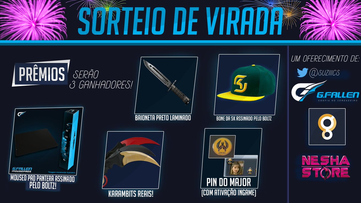 Lembram que falei do sorteio do Pin para vocês? Em parceria com a <a href="/Neshastore/">NeshaStore</a> @lojadaga @GFalleNoficial ficou ainda melhor.

Para participar:
✔Marque um amigo
✔Retweet aqui!
✔Cumpra as entradas do link:bit.ly/sorteioDaVirada
(Quanto mais redes seguir, mais chances de ganhar)