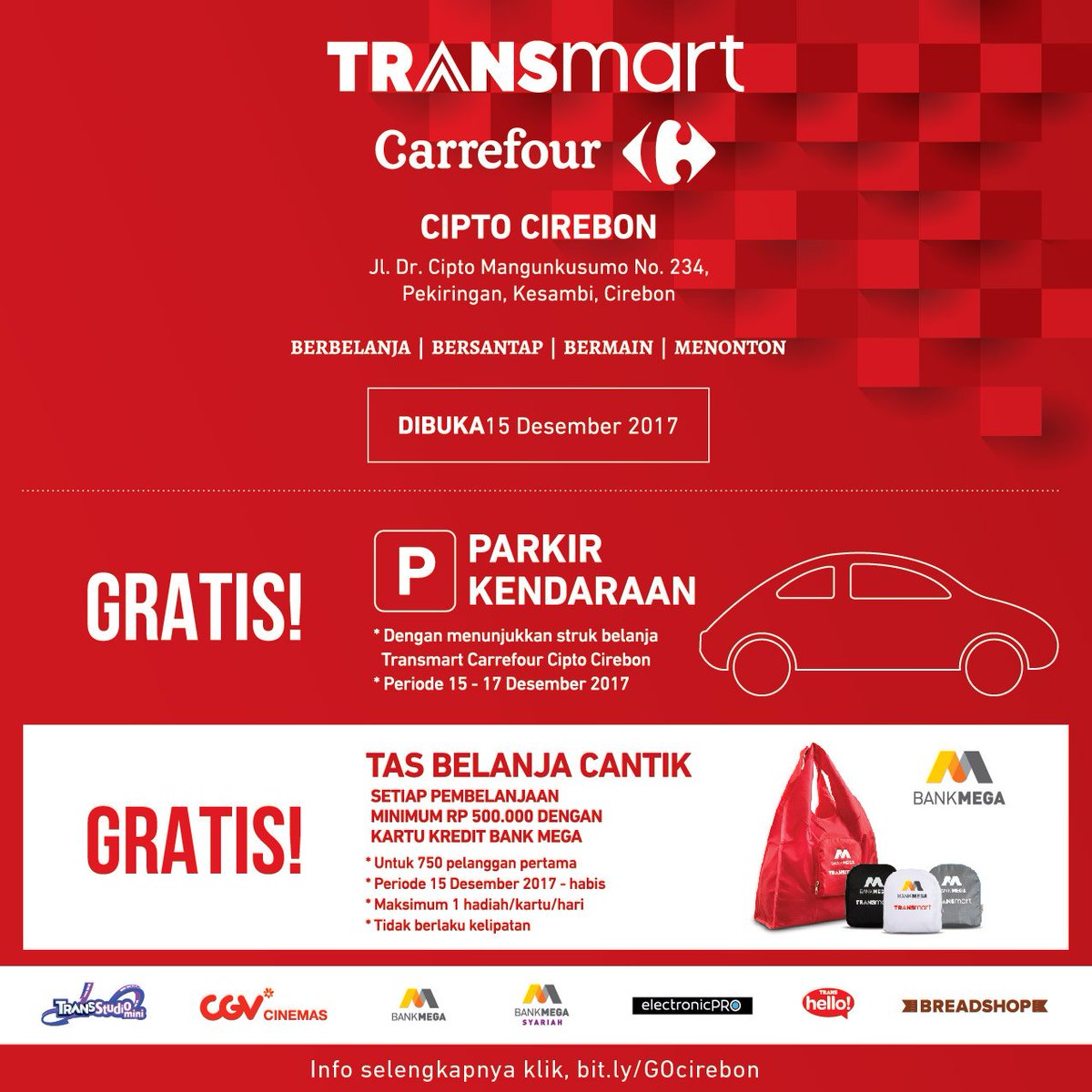 Transmart_IND's tweet photo. DIBUKA Transmart Cipto Cirebon hari ini! Ayo, kejar limpahan promo yang ada segera. Lihat info promo selengkapnya, https://t.co/AjwVkayfzP
#GrandOpening #OpeningTransmart #TransmartCarrefour #TransmartCirebon #TransmartCiptoCirebon https://t.co/sSlwQd6pUw