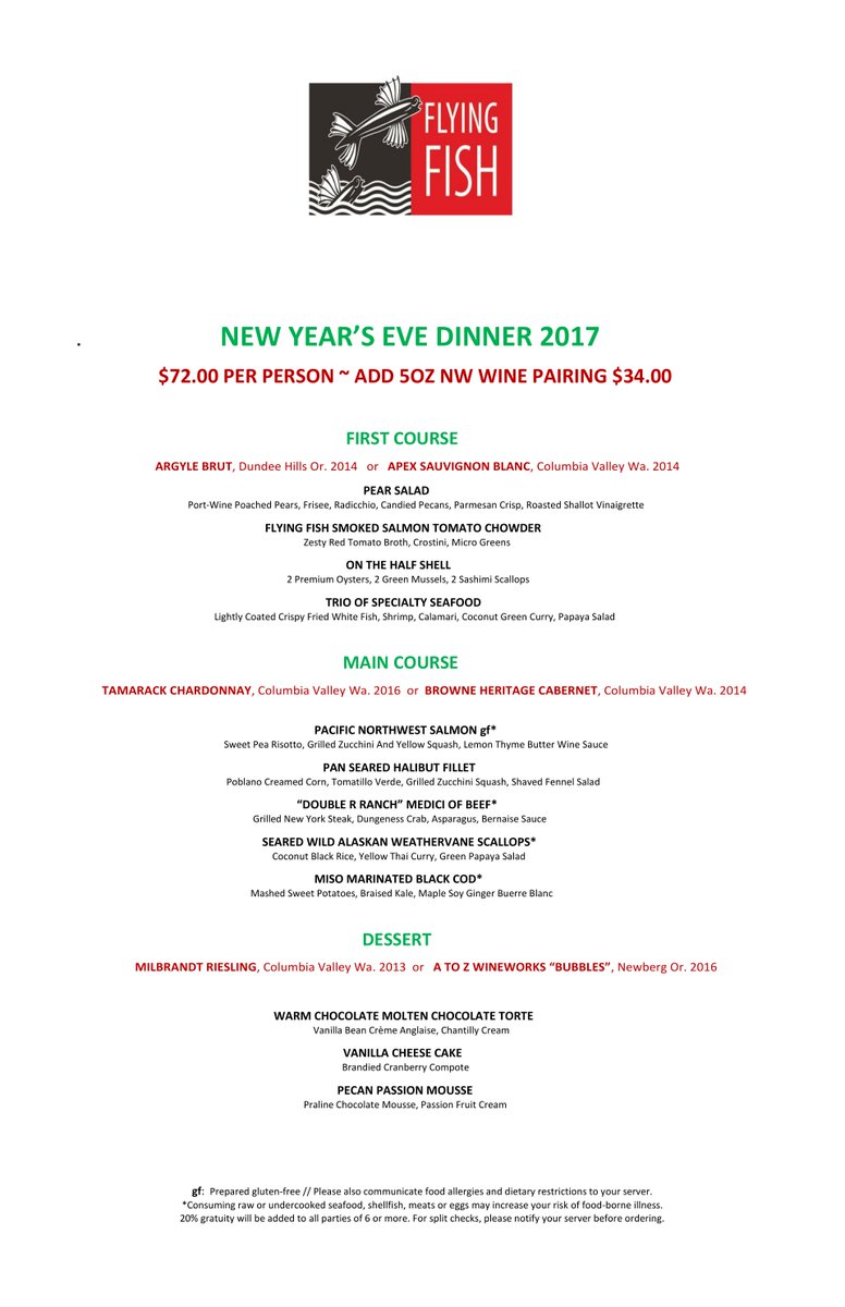 thefishseattle's tweet photo. Thinking about New Year's Eve?
Flying Fish Restaurant will have 2 special New Year's Eve menus running through the whole weekend and also our Regular Dinner Menu as well Friday &amp; Saturday only. https://t.co/iHMLsRWQXS https://t.co/t5Uye4vNyQ