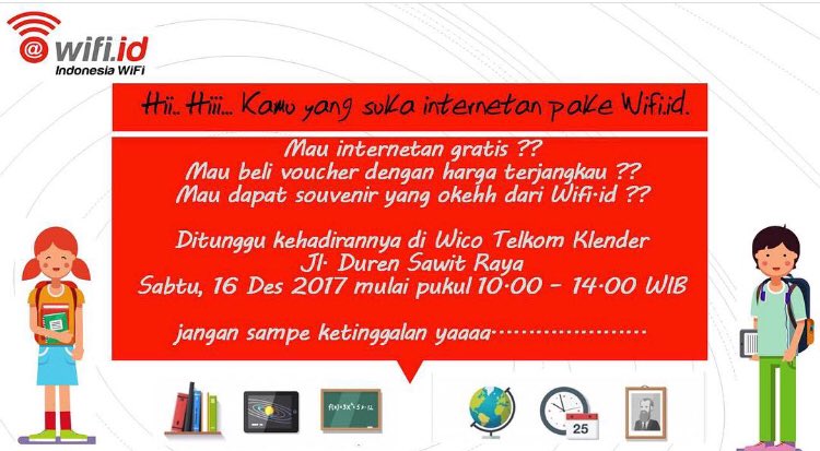 wifiid_jaktim's tweet photo. INTERNETAN GRATIS!!! @ Wifi Corner Telkom Klender &amp; Wifi Corner Telkom Pulogebang ! Sabtu 16 Desember mulai jam 10 ya~~~ https://t.co/waD1q0b7Tk