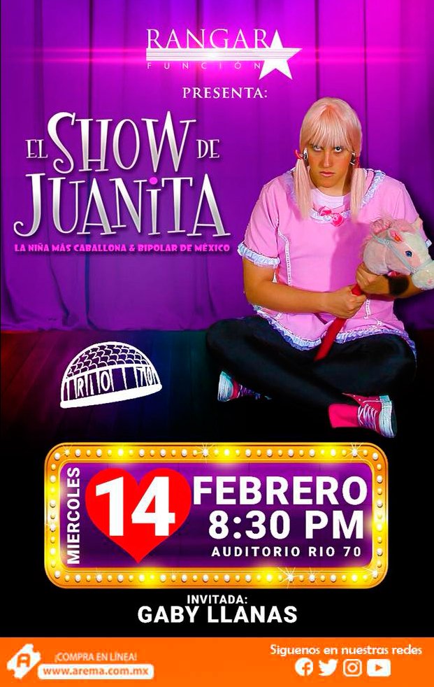 <a href="/RangarFuncion/">Rangar Función ®</a> trae para ti por primera vez en el <a href="/AuditorioRio70/">Auditorio Río 70</a> a la niña más caballona y bipolar de México: <a href="/juanita_bipolar/">Juanita Bipolar</a>, este próximo 14 de febrero del 2018. <a href="/marcopoloteatro/">marco polo fan</a> 
Compra tus boletos en línea ➡️ goo.gl/QB5KWF y puntos de venta autorizados.