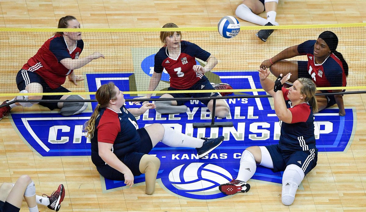 jsleezer's tweet image. USA Women's National Sitting Volleyball Team demonstration match between sets of semifinal NCAA Division I Women's Volleyball Championships in Kansas City. The team is preparing for the 2020 Paralympics in Tokyo.  @KCStar @SportsDailyKC @usavolleyball