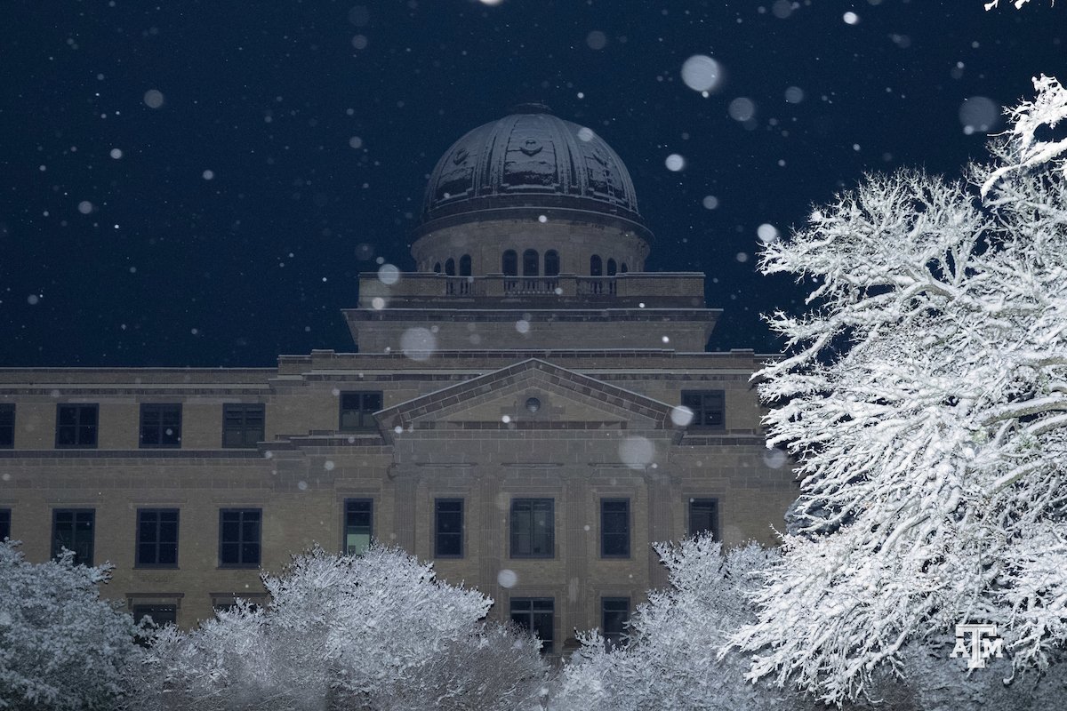 TAMU's tweet photo. #TBT to one week ago when Aggieland was blanketed in snow! ☺️❄�� #tamu https://t.co/Qtp1Wyn9qu