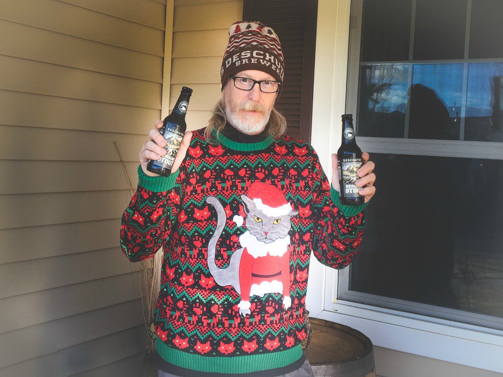 DeschutesBeer's tweet photo. Day 2: Cats are angry, stouts are tasty #12DaysofBeerandUglySweaters #ObsidianStout #Stout https://t.co/ZN4emQNbmC