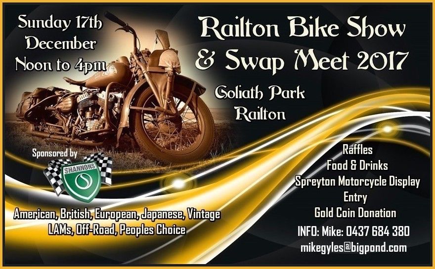 CarsofAustralia's tweet image. The Railton Bike Show &amp;amp; Swap Meet will be held on Sunday 17 December 2017 at Goliath Park, #Railton TAS carsofaustralia.com.au/whats_on.php?d…