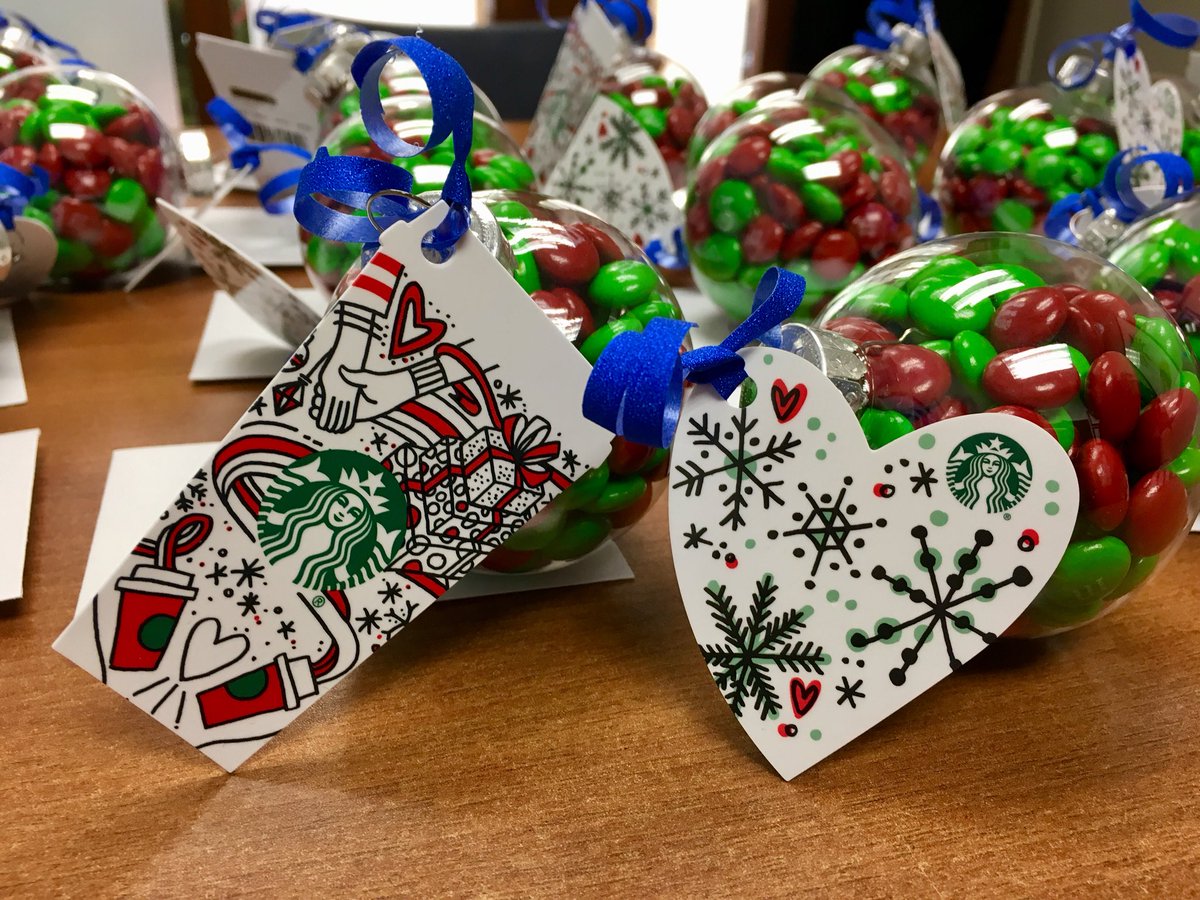 TammyFaddoul's tweet photo. Collaboration of craftiness! Homemade Xmas ornaments, stuffed with M&M’s topped with Star Bucks gift cards for our Team! @melvdub #devmall #team#christmas #craftyminds #BMO 🎄❄️❤️🍫☕️ https://t.co/zZWiFxPSJj