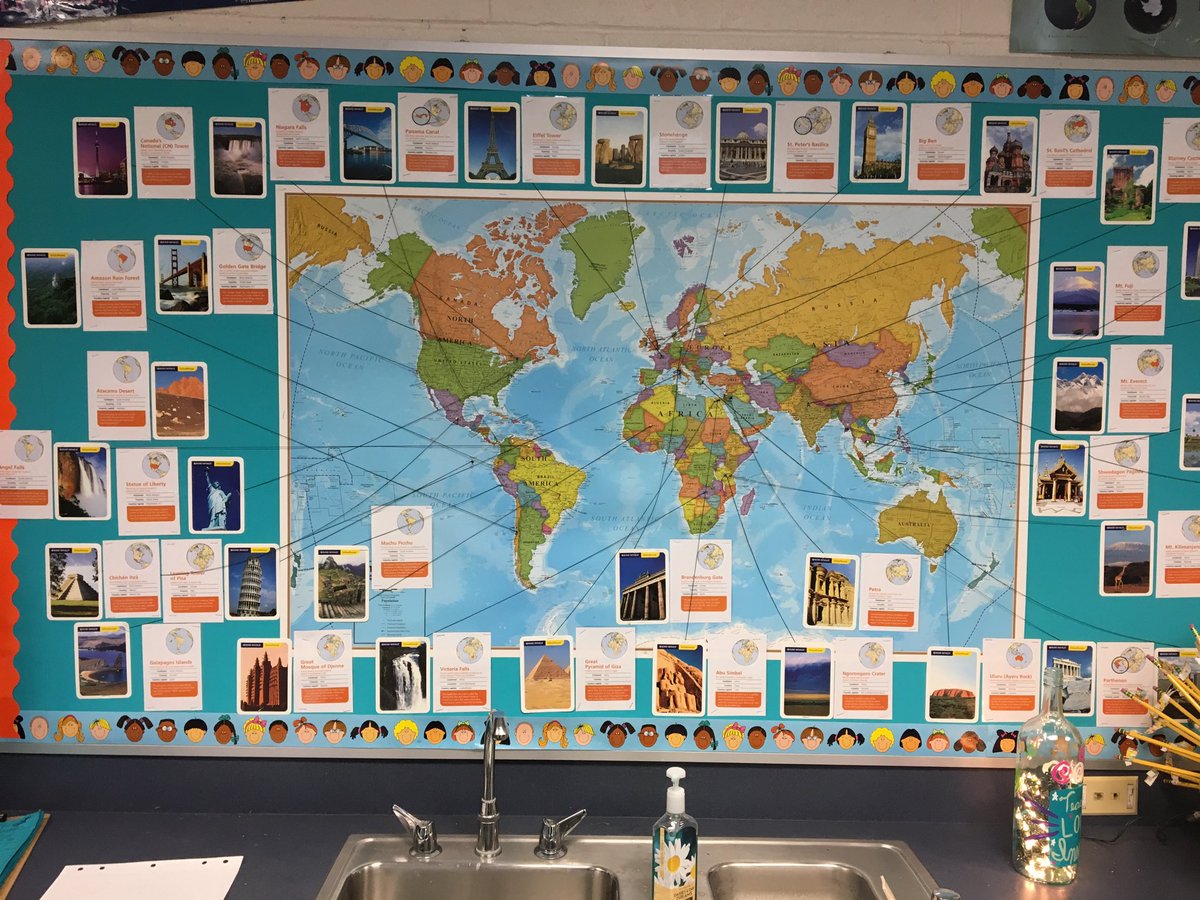71wolfette's tweet image. I am most proud of this world map in my classroom. It features historical and often breathtaking places around the world. My students are always drawn to it and it generates a lot of discussions! #DMSROCKS  #12DaysOfTwitter