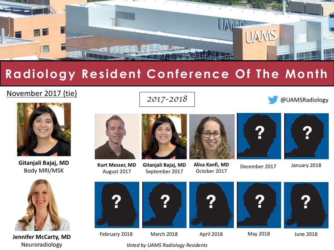 UAMSRadiology's tweet photo. November 2017 Conference of the Month winners are (tie) Dr Jennifer McCarty (@JMcCartyMD) and Dr Gitanjali Bajaj! Thank you for your contributions towards #RadRes Education! @uamshealth https://t.co/hvN21yjtSk