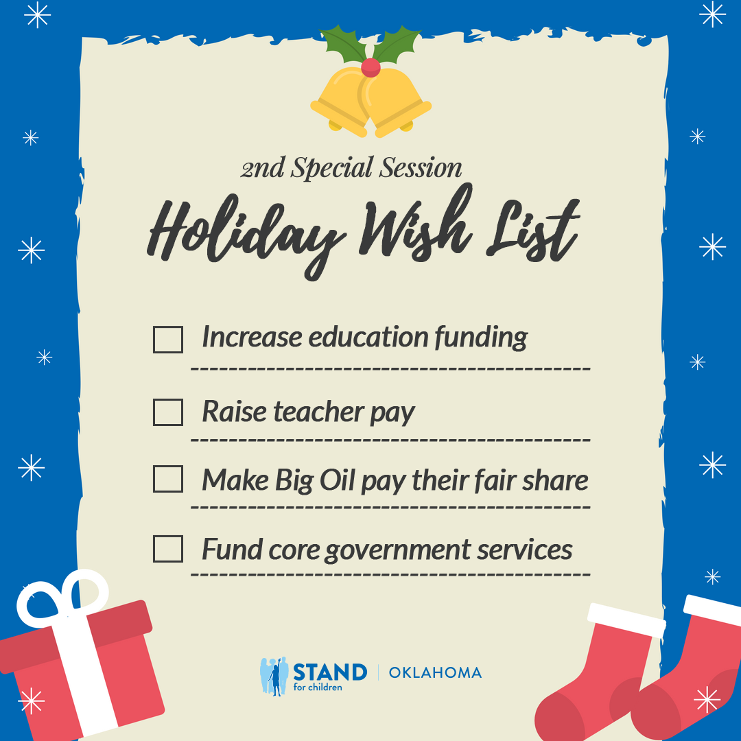 arengland's tweet photo. .@OklahomaStand wants your help sending #okleg a list of our wishes for a better outcome for the second special session. What's on your #oklegholidaywishlist? https://t.co/t8si0OyXOc #OklaEd #saveourstateok https://t.co/9Cy23Zd0LF